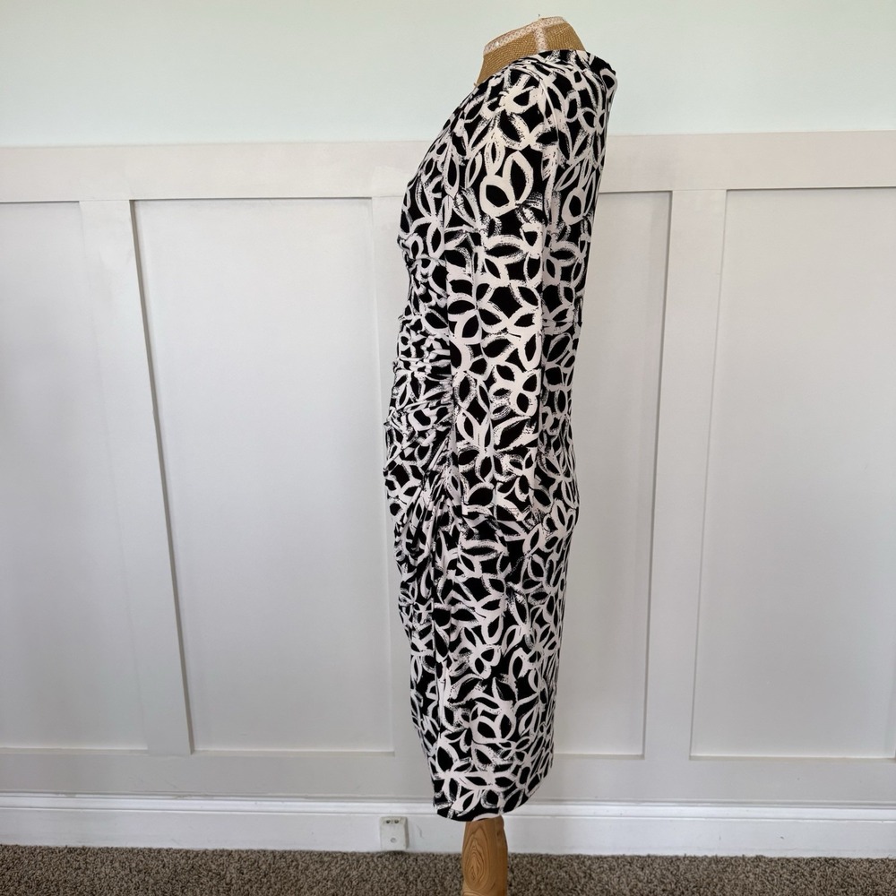 Ralph Lauren Dress Size 6‎ Black White 3/4 Sleeve V-Neck Ruched Faux Wrap Sheath - Picture 4 of 9